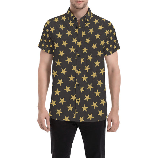 Star Gold Print Design LKS302 Men Short Sleeve Button Up Shirt