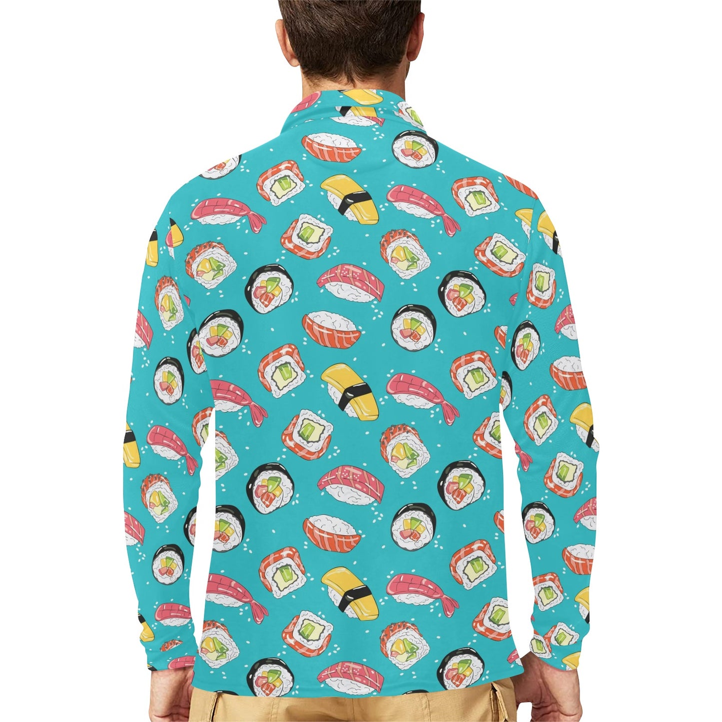 Sushi Print Design LKS305 Long Sleeve Polo Shirt For Men's