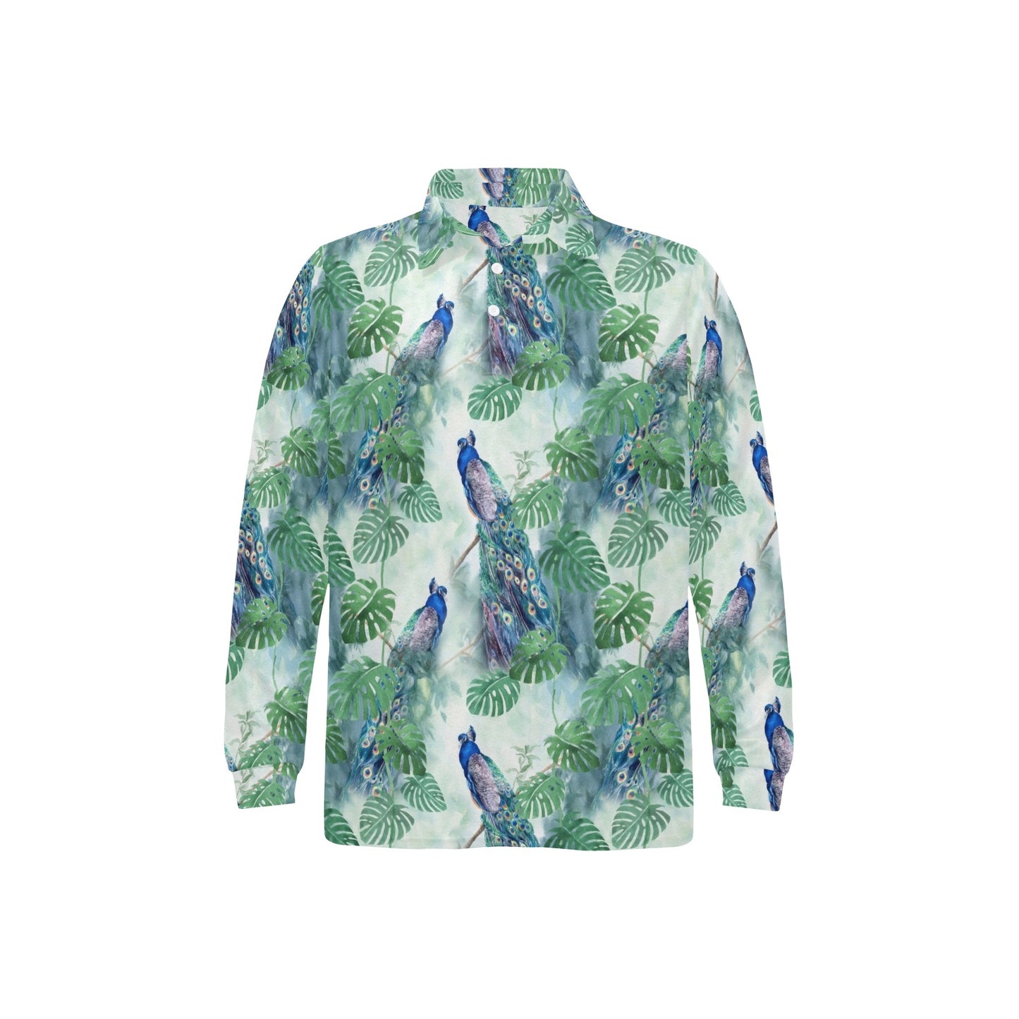 Peacock Pattern Print Design A02 Long Sleeve Polo Shirt For Men's
