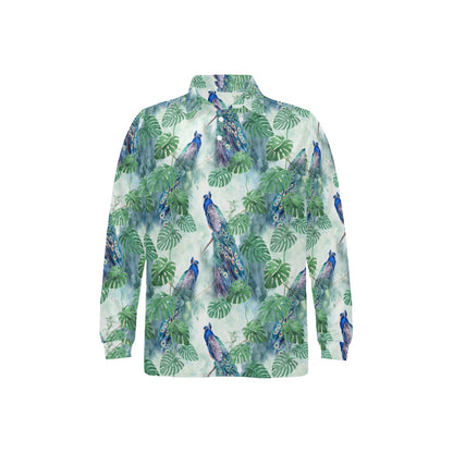 Peacock Pattern Print Design A02 Long Sleeve Polo Shirt For Men's