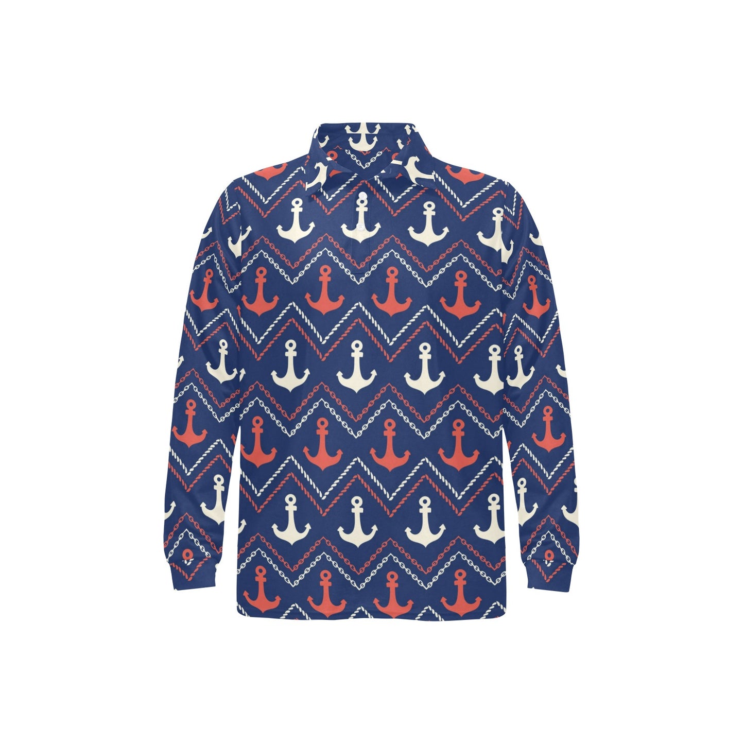 Anchor Pattern Print Design 07 Long Sleeve Polo Shirt For Men's