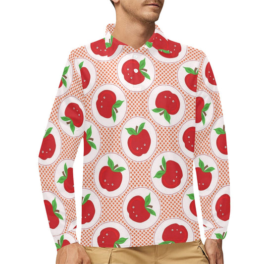 Apple Pattern Print Design AP08 Long Sleeve Polo Shirt For Men's