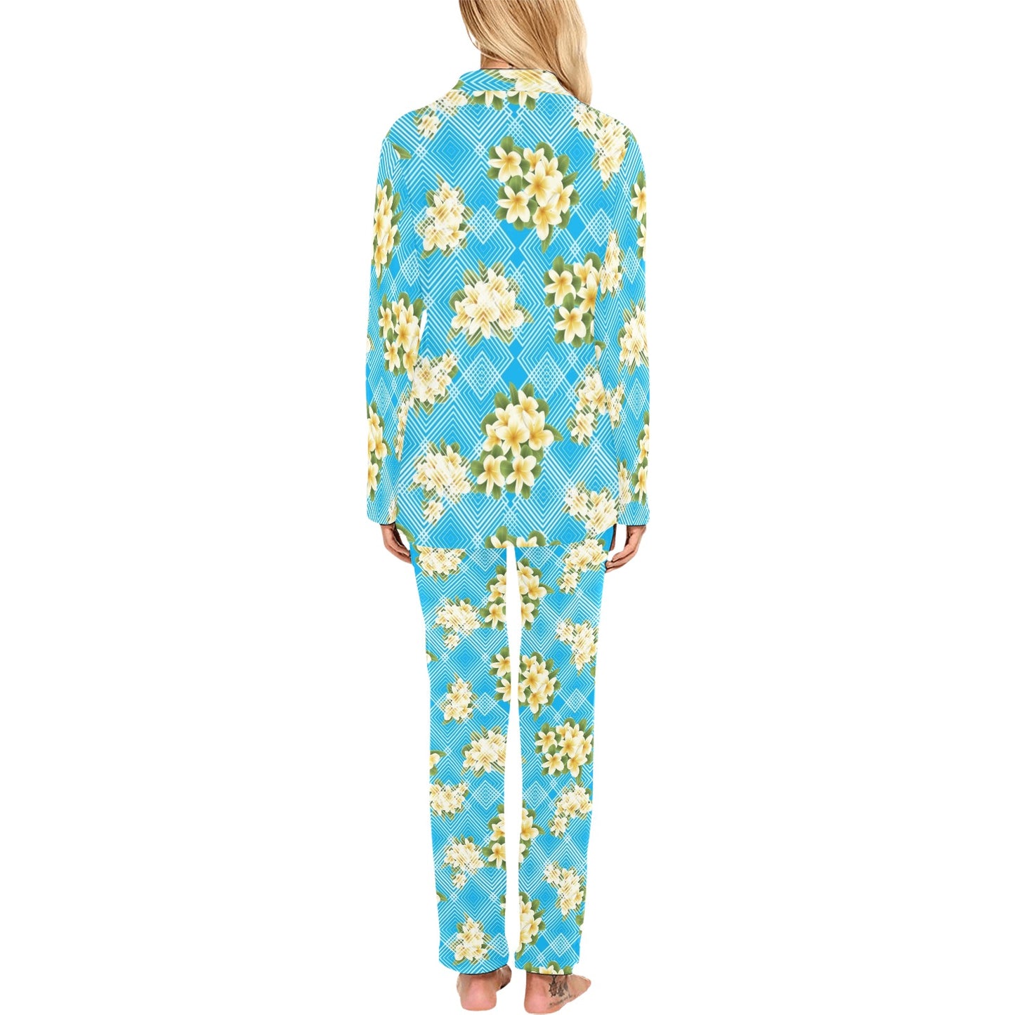 Yellow Plumeria Design Print Pattern Women's Long Pajama Set