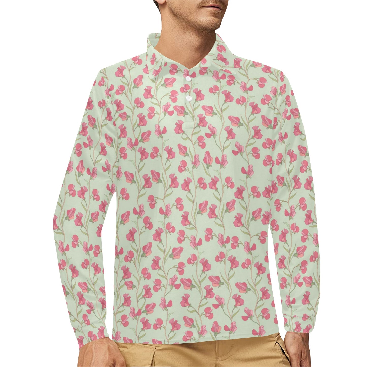 Sweet Pea Print Design LKS301 Long Sleeve Polo Shirt For Men's