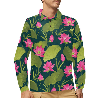 Water Lily Pattern Print Design WL09 Long Sleeve Polo Shirt For Men's