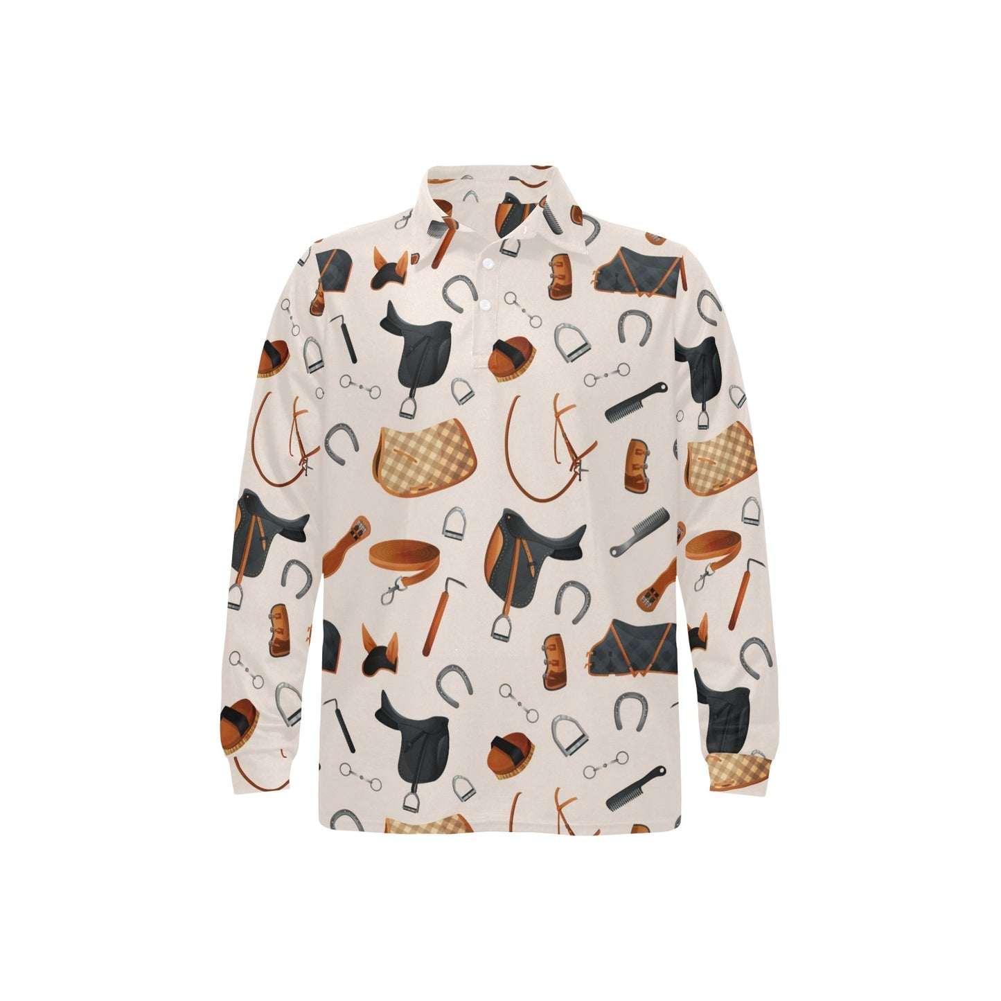 Equestrian Equipment Print Pattern Long Sleeve Polo Shirt For Men's