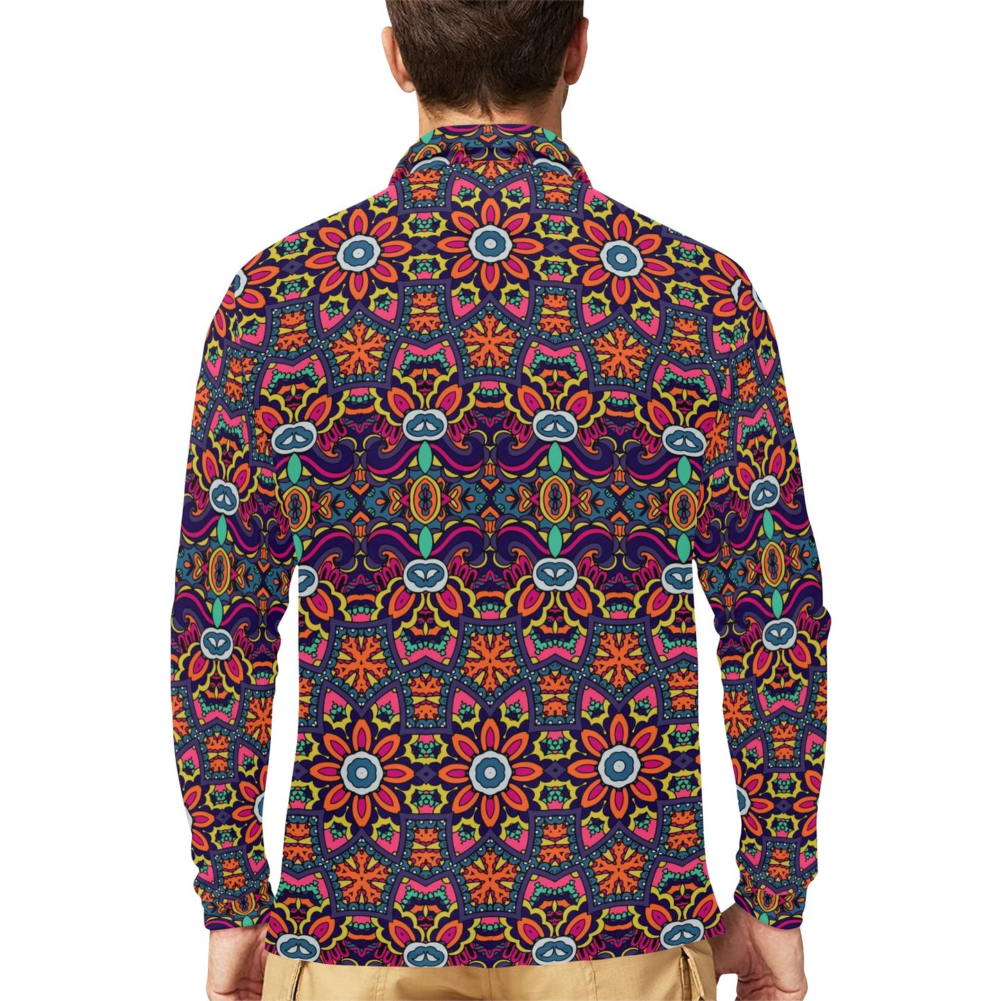 Ethnic Flower Style Print Pattern Long Sleeve Polo Shirt For Men's