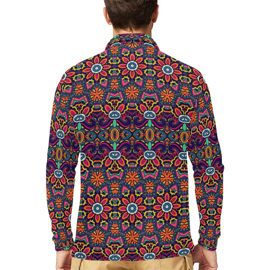 Ethnic Flower Style Print Pattern Long Sleeve Polo Shirt For Men's