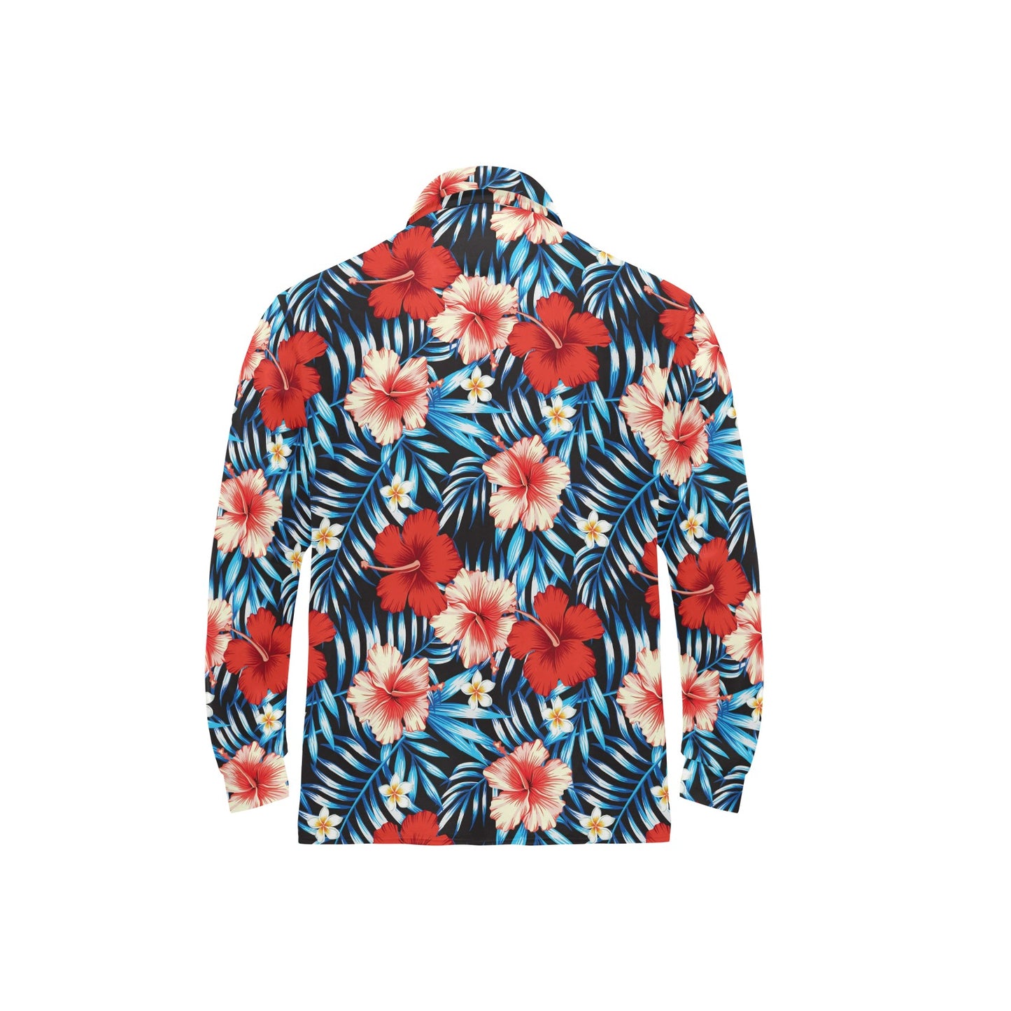 Red Hibiscus Blue Scene Long Sleeve Polo Shirt For Men's