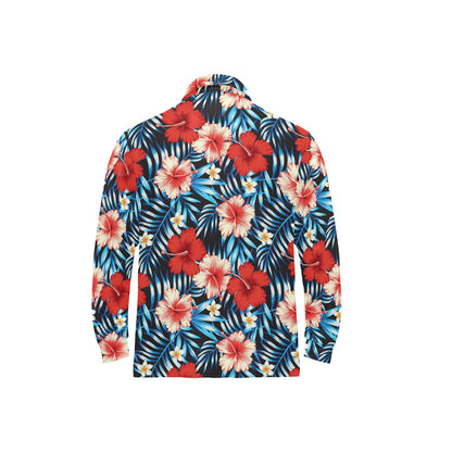 Red Hibiscus Blue Scene Long Sleeve Polo Shirt For Men's