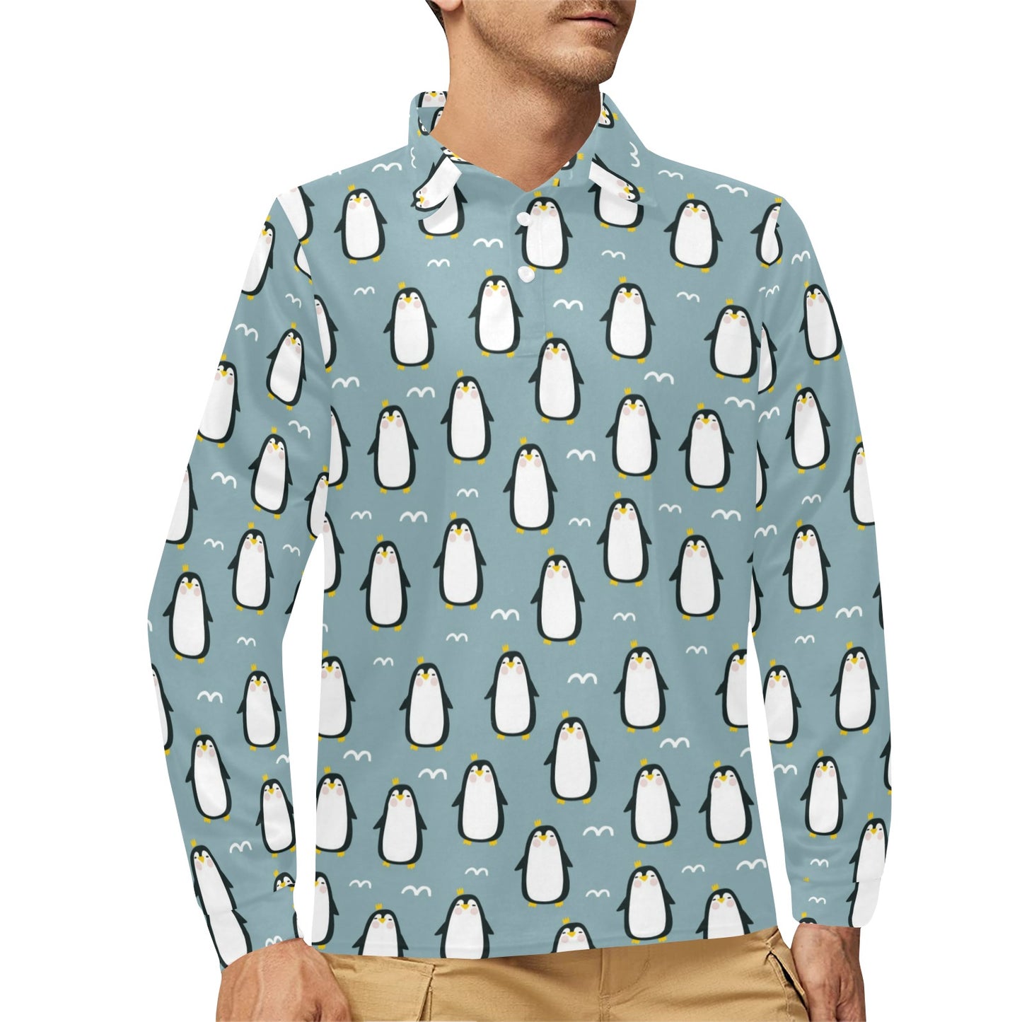 Penguin Pattern Print Design A02 Long Sleeve Polo Shirt For Men's