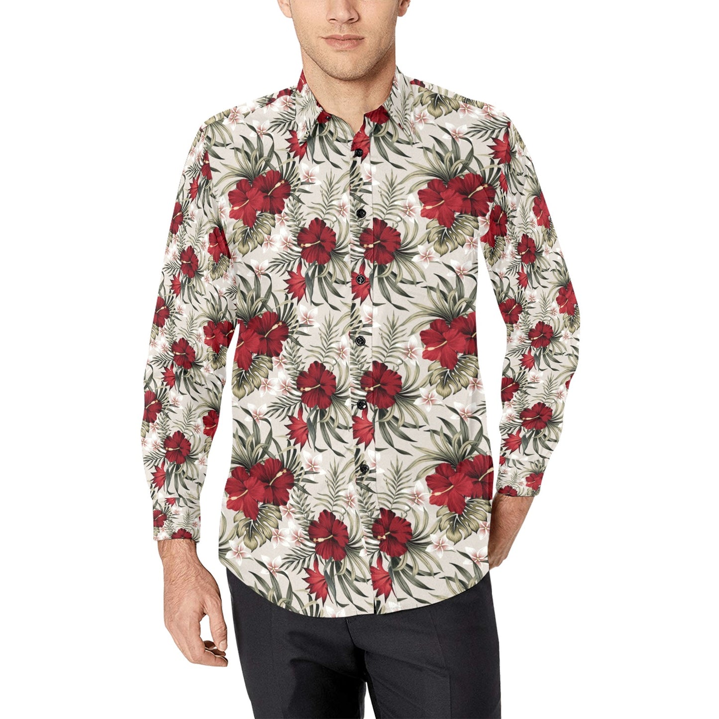 Hibiscus Print Design LKS3011 Men's Long Sleeve Dress Shirt
