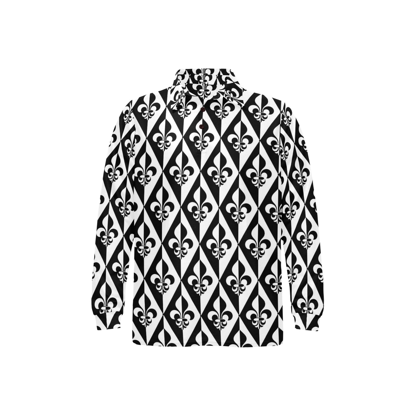 Fleur De Lis Black White Pattern Print Design 02 Long Sleeve Polo Shirt For Men's