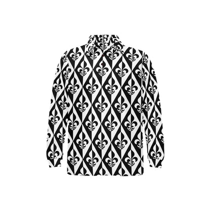 Fleur De Lis Black White Pattern Print Design 02 Long Sleeve Polo Shirt For Men's
