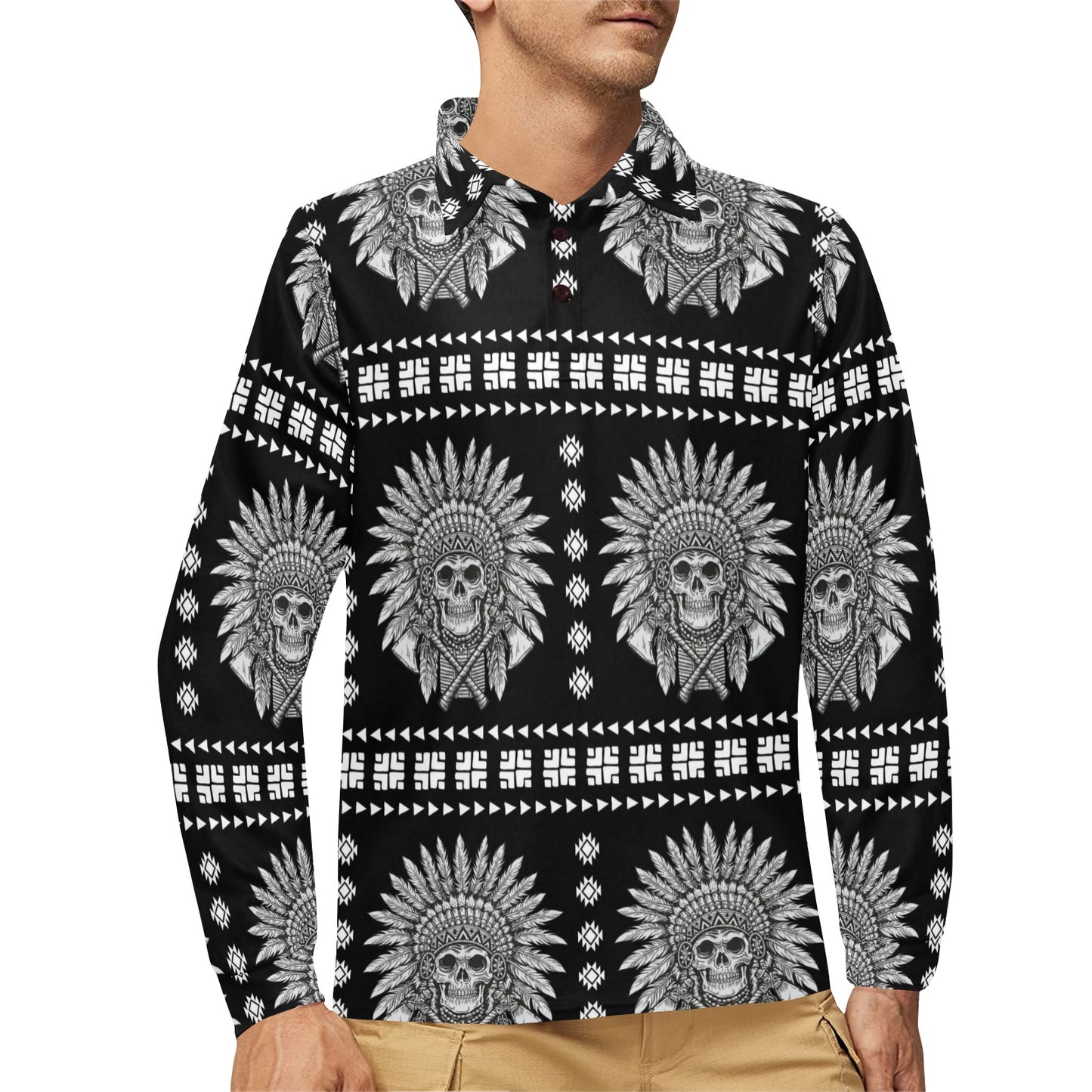 Native American Indian Skull Long Sleeve Polo Shirt For Men's