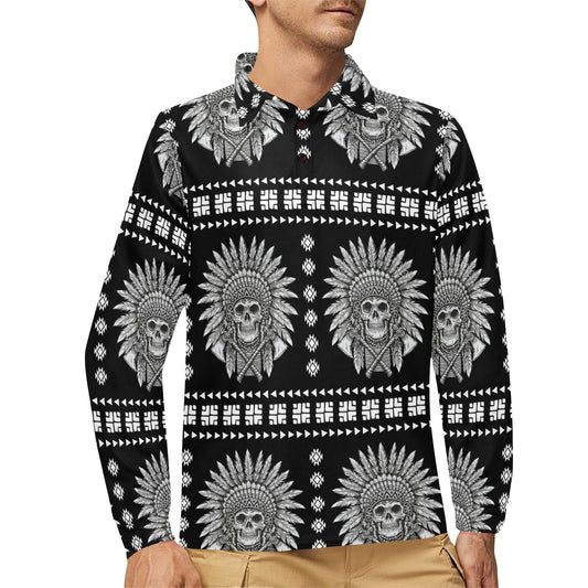 Native American Indian Skull Long Sleeve Polo Shirt For Men's