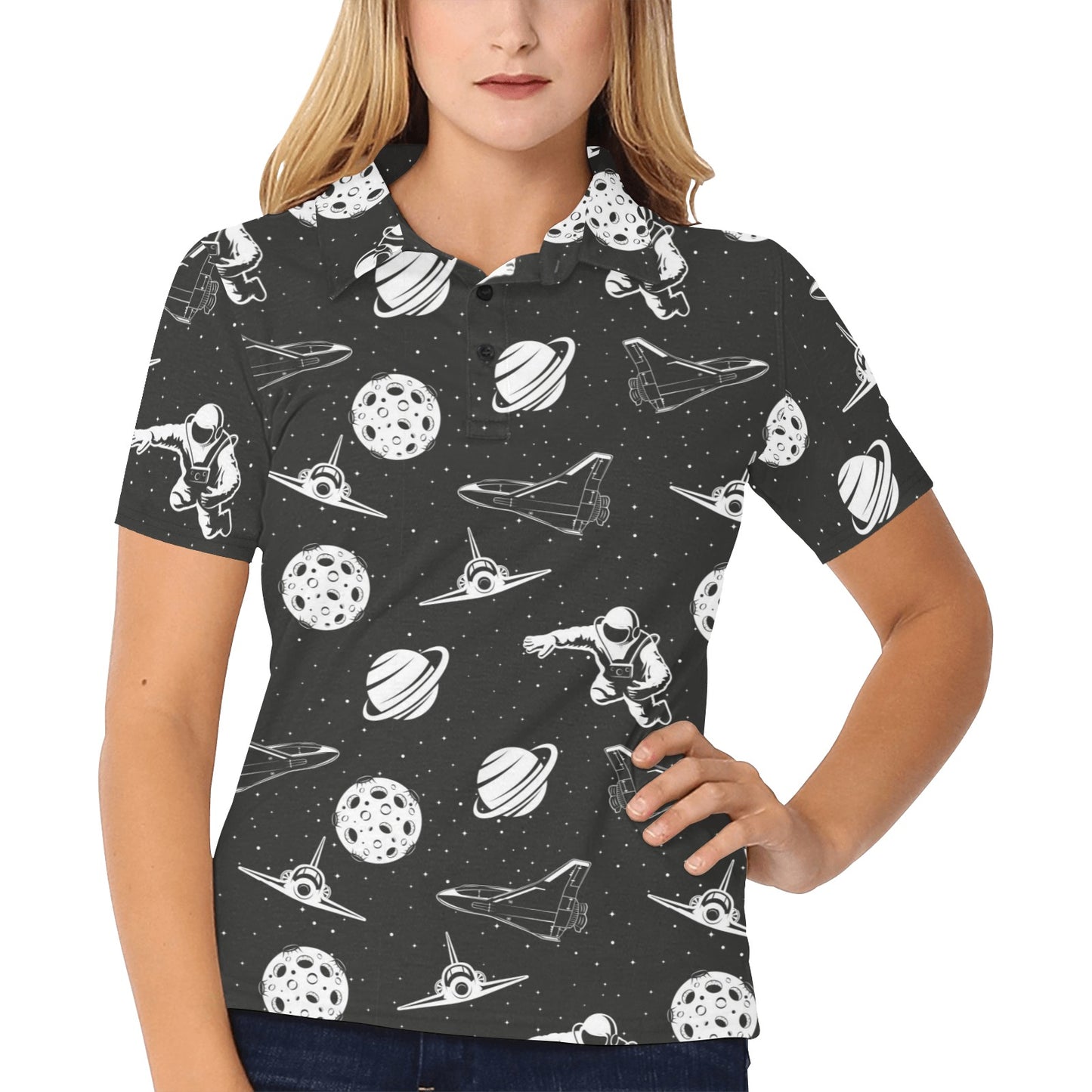 Space Astronauts Print Women's Polo Shirt