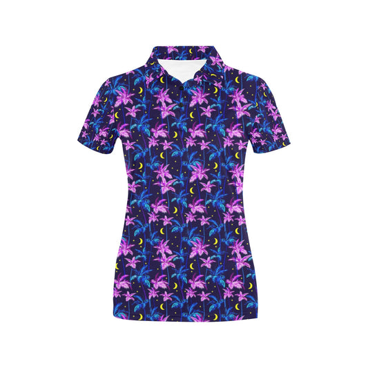 Palm Tree Night Scene Design Print Women's Polo Shirt