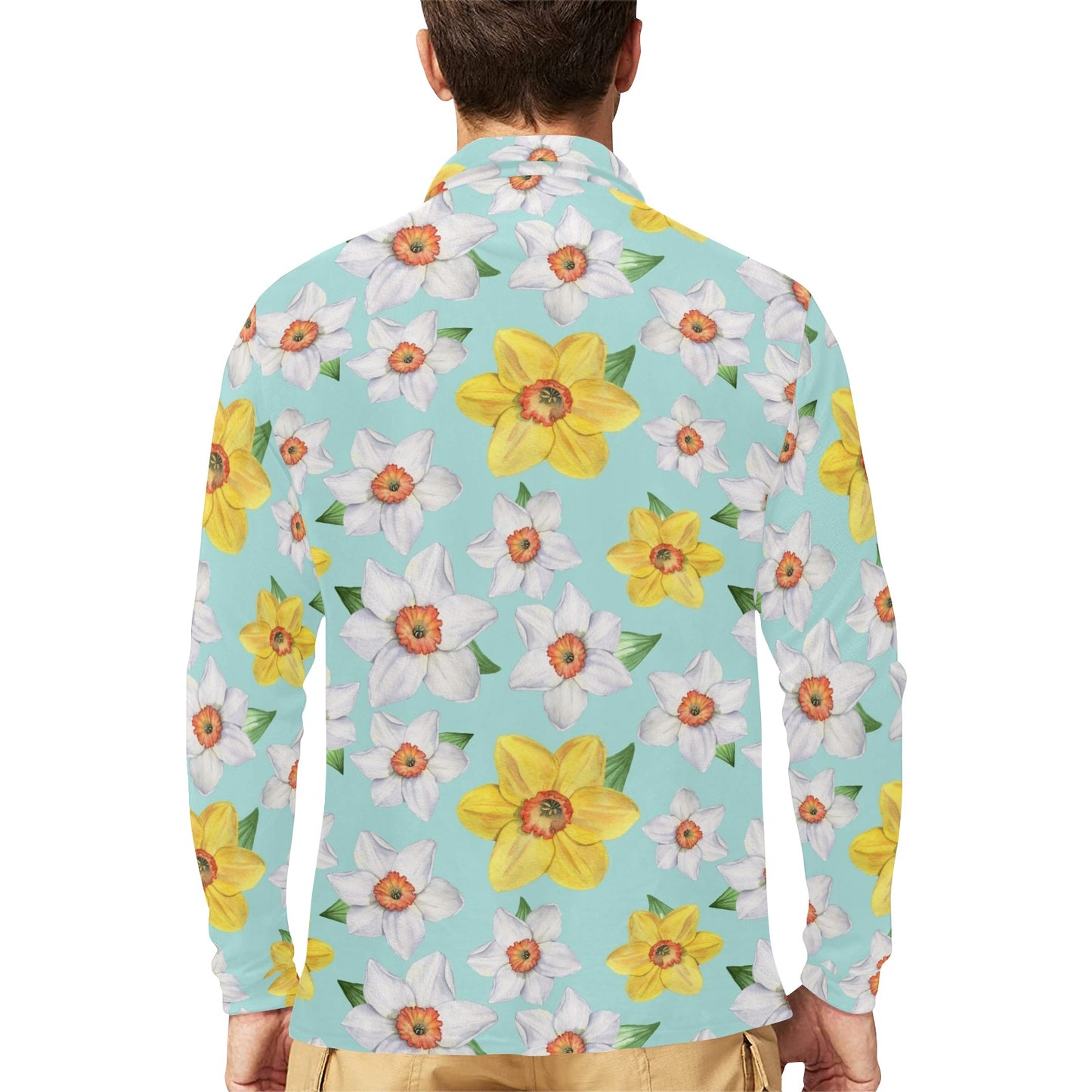 Daffodils Pattern Print Design DF07 Long Sleeve Polo Shirt For Men's