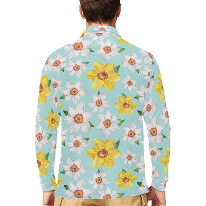 Daffodils Pattern Print Design DF07 Long Sleeve Polo Shirt For Men's