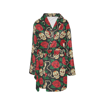 Sugar Skull Red Rose Print Design LKS301 Women's Fleece Robe