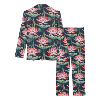 Water Lily Pattern Print Design WL03 Women's Long Pajama Set