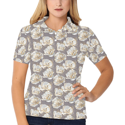 Elegant Grey Flower Print Women's Polo Shirt