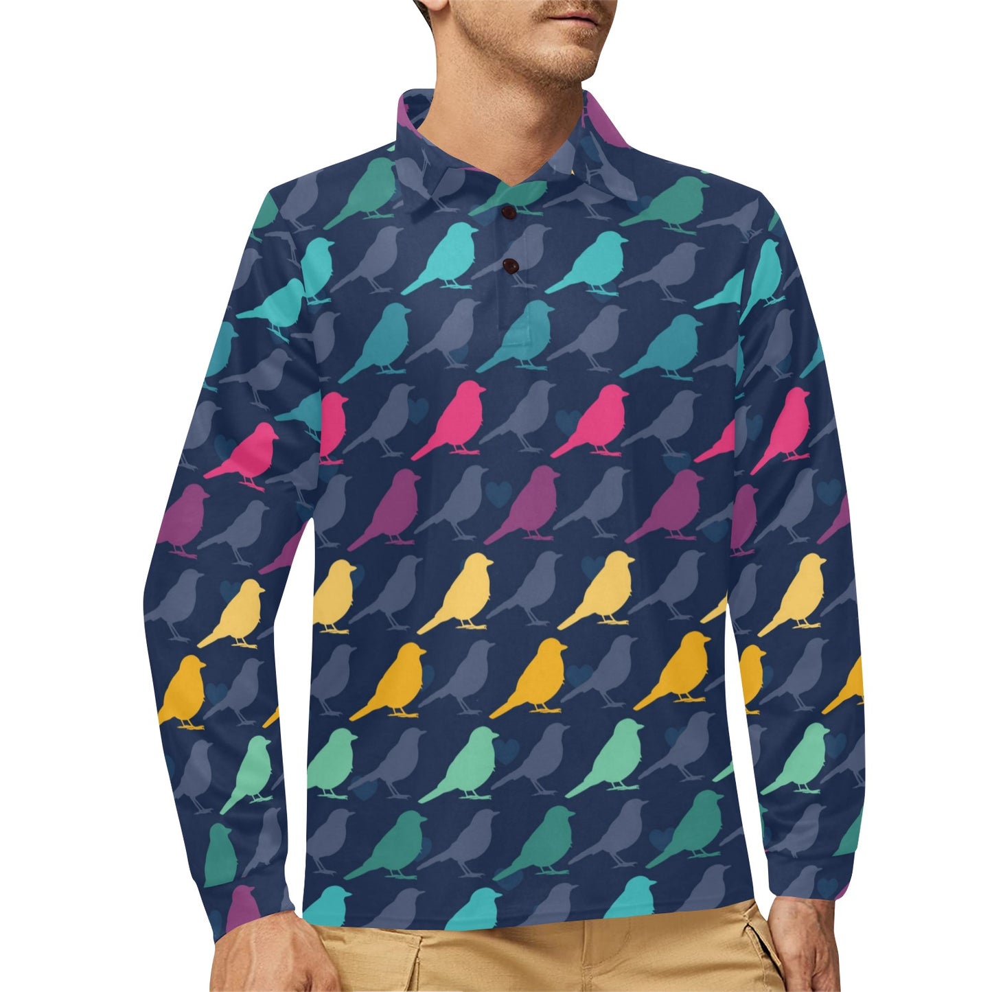 Birds Pattern Print Design 01 Long Sleeve Polo Shirt For Men's
