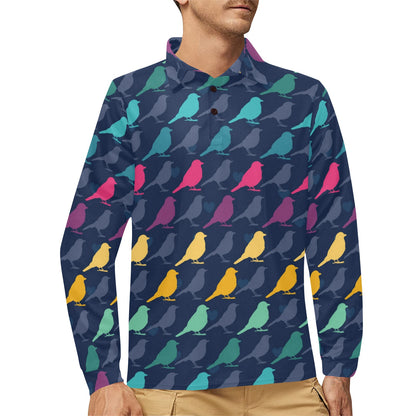 Birds Pattern Print Design 01 Long Sleeve Polo Shirt For Men's