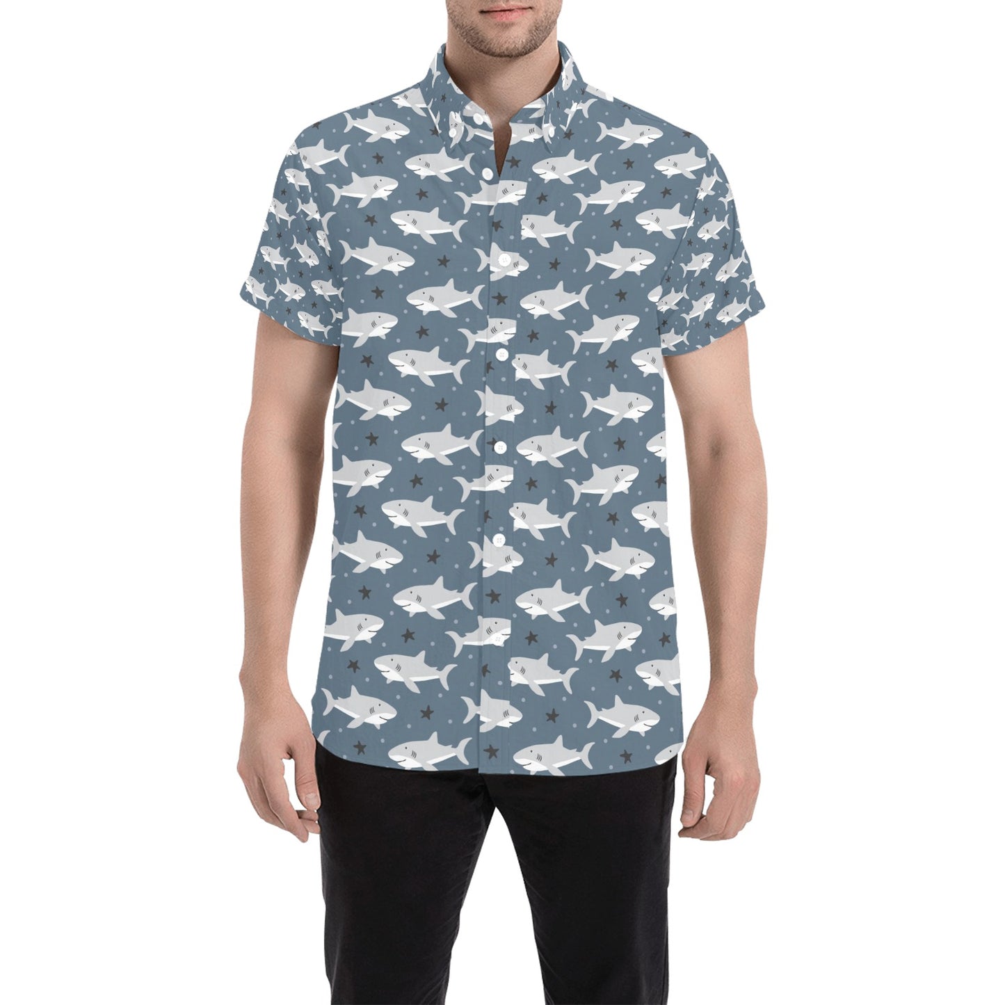 Shark Print Design LKS305 Men Short Sleeve Button Up Shirt