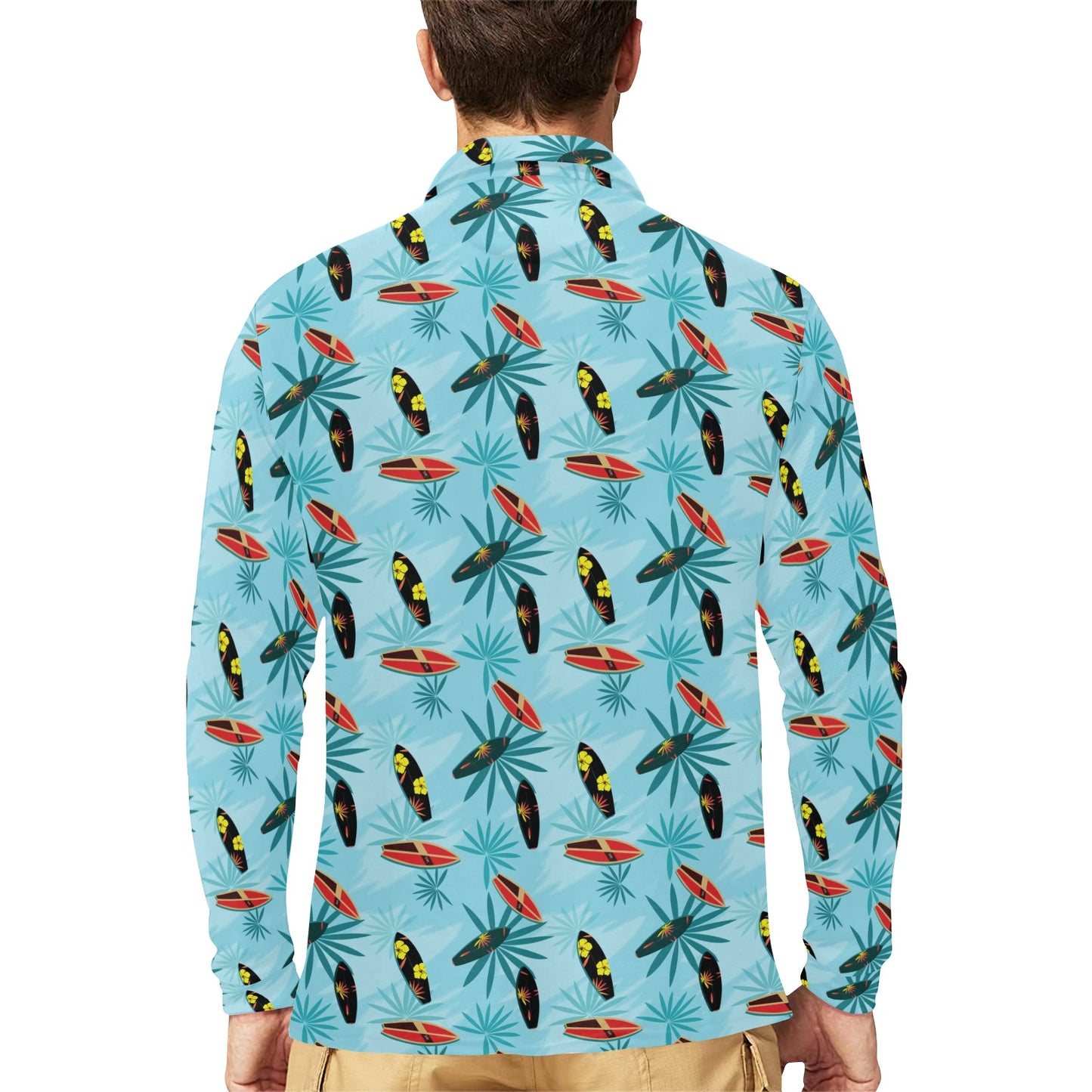 Surfboard Themed Pattern Long Sleeve Polo Shirt For Men's