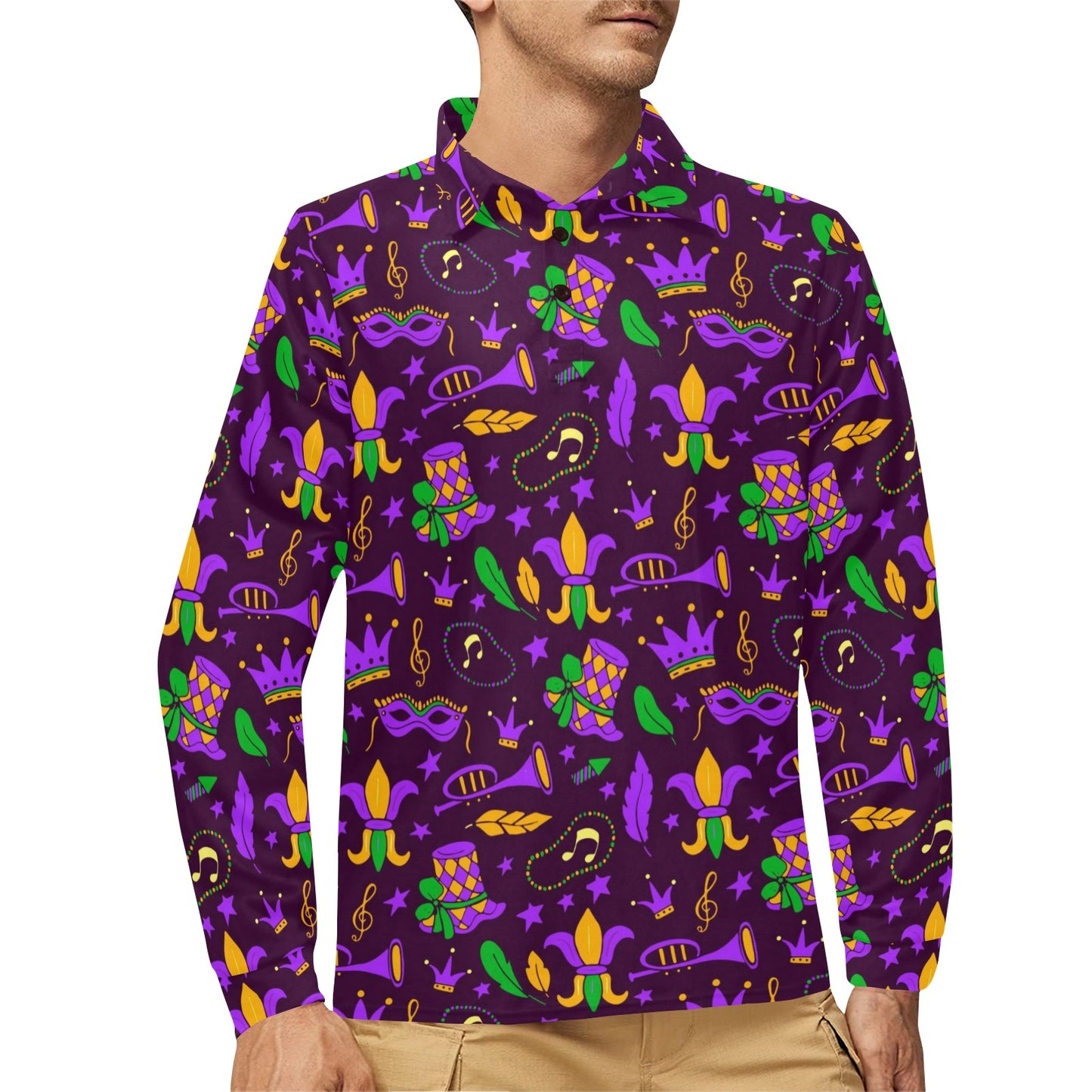 Mardi Gras Pattern Print Design 08 Long Sleeve Polo Shirt For Men's