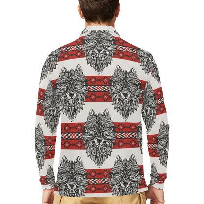 Native Indian Wolf Long Sleeve Polo Shirt For Men's