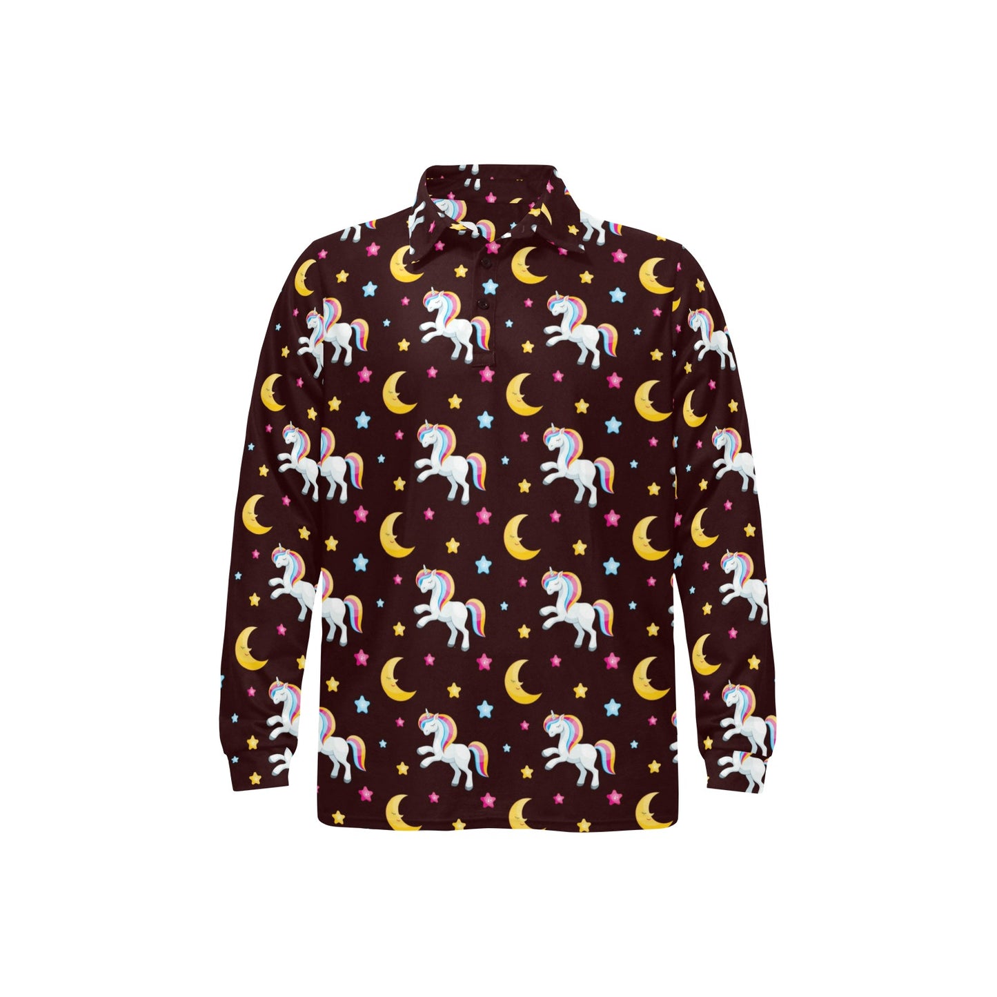 Unicorn Moon Star Long Sleeve Polo Shirt For Men's