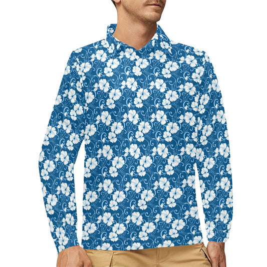 Hibiscus Blue Flower Hawaiian Print Long Sleeve Polo Shirt For Men's