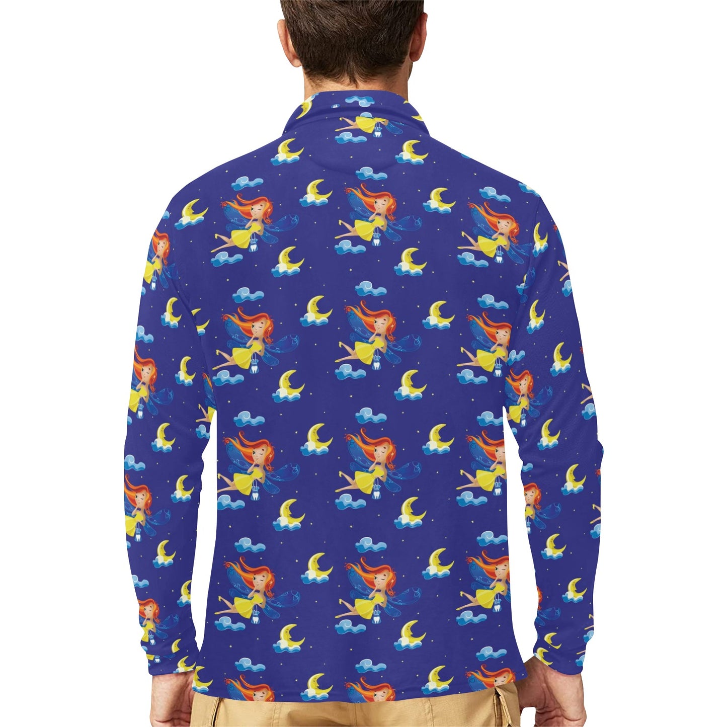 Fairy with Moon Print Pattern Long Sleeve Polo Shirt For Men's