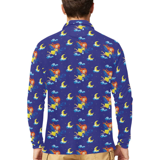 Fairy with Moon Print Pattern Long Sleeve Polo Shirt For Men's