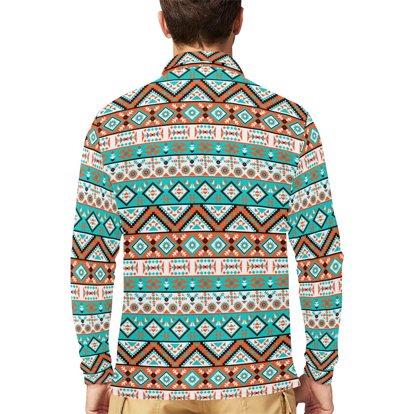 Navajo Style Print Pattern Long Sleeve Polo Shirt For Men's