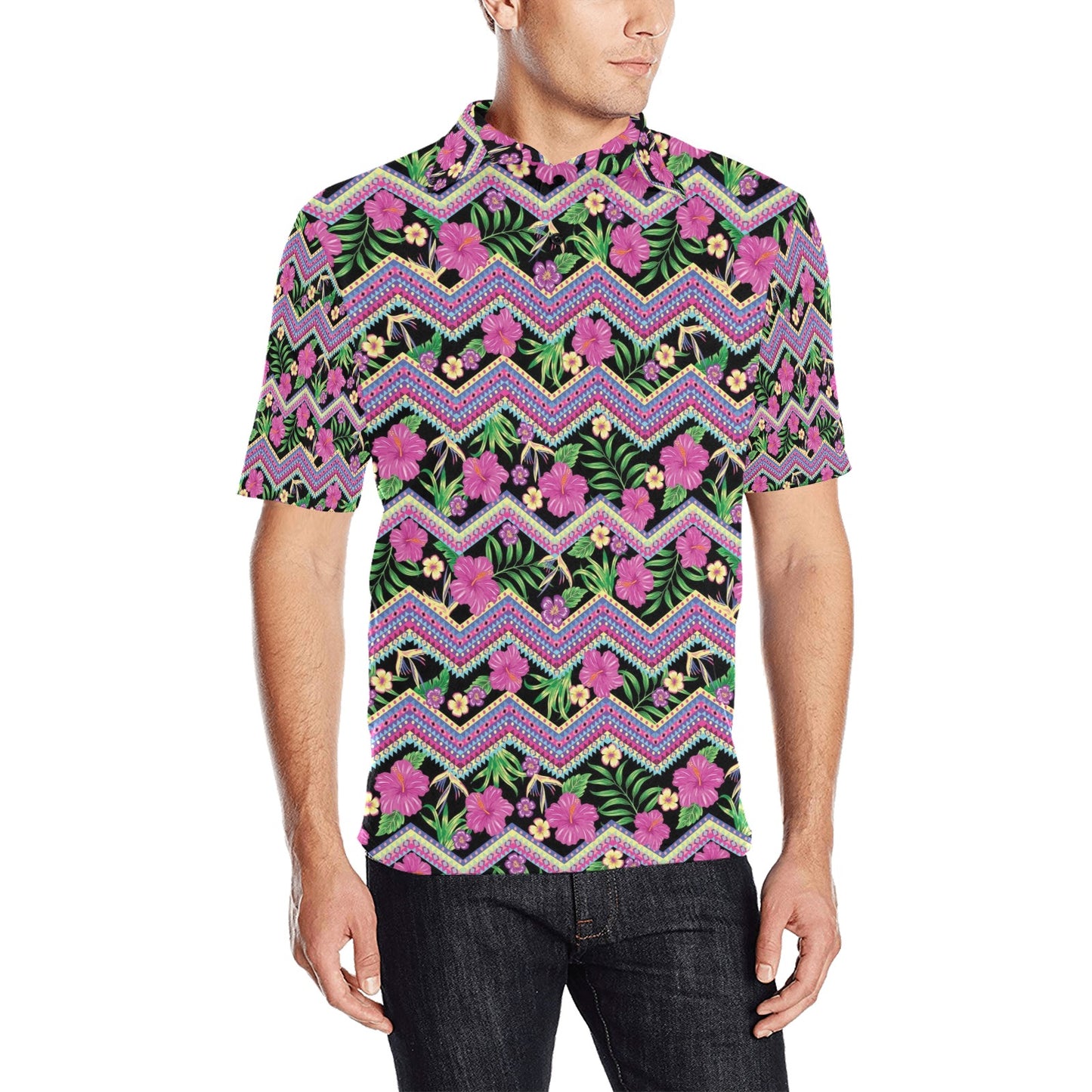Hibiscus Pink Zigzag Line Pattern Design LKS307 Men Polo Shirt