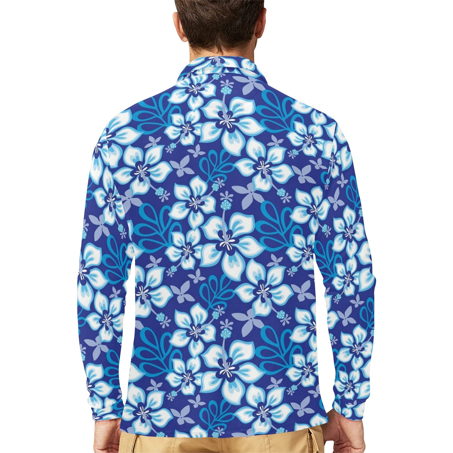Hibiscus Pattern Print Design HB04 Long Sleeve Polo Shirt For Men's
