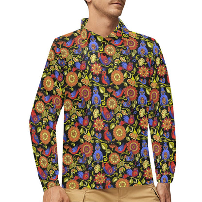 Steampunk Bird Design Themed Print Long Sleeve Polo Shirt For Men's