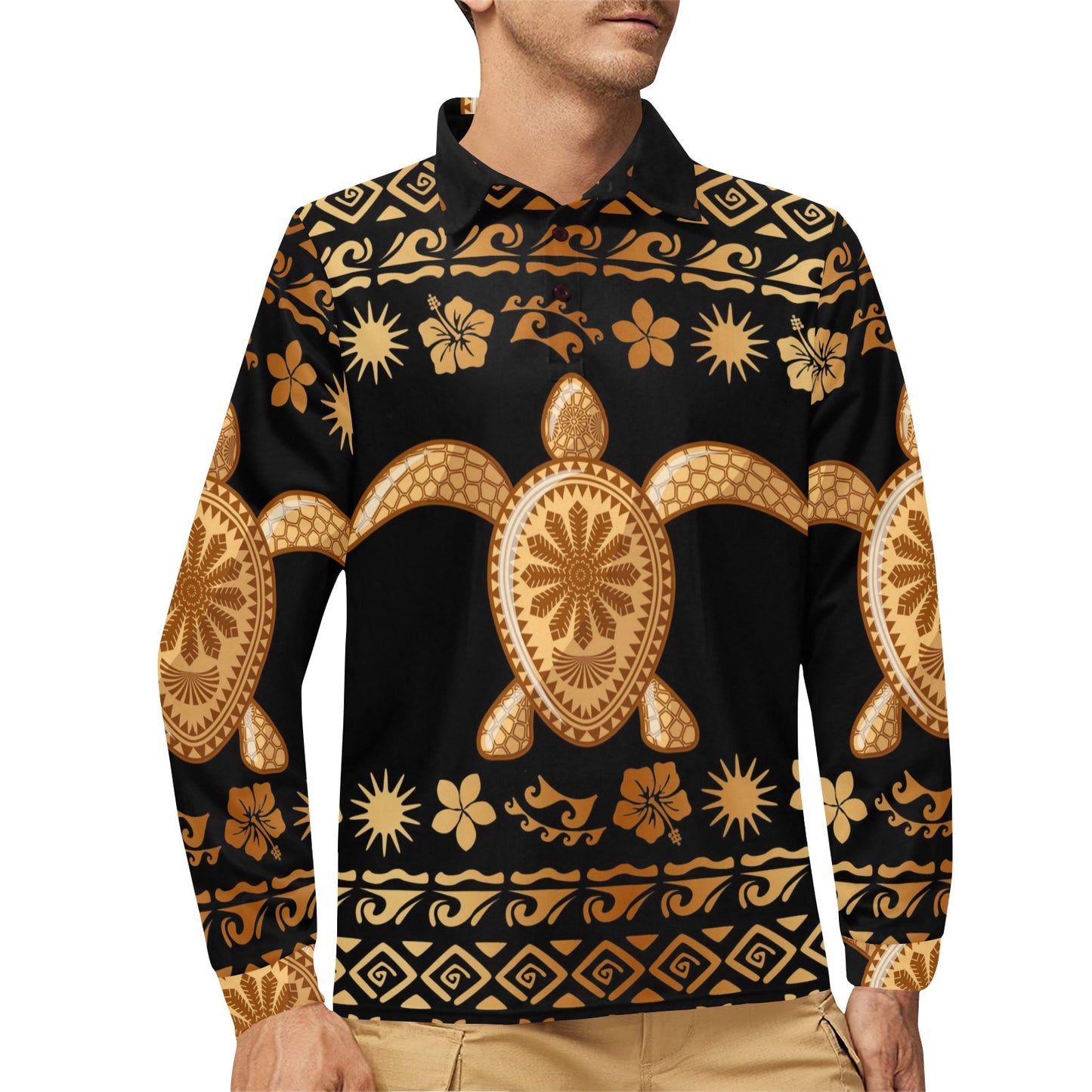 Tribal Sea turtle Polynesian Hawaiian Long Sleeve Polo Shirt For Men's