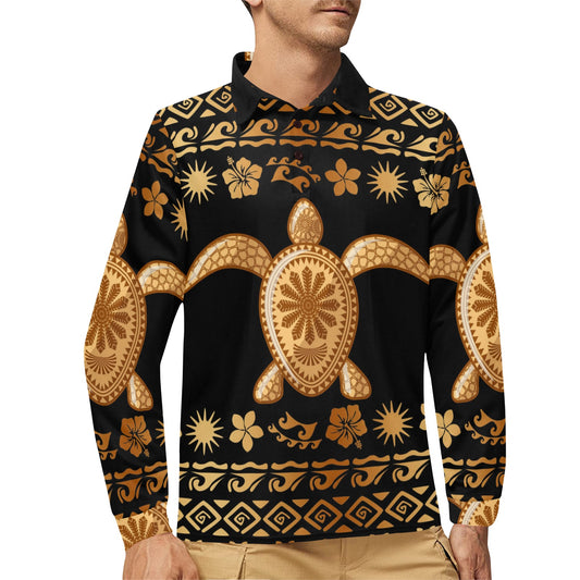 Tribal Sea turtle Polynesian Hawaiian Long Sleeve Polo Shirt For Men's