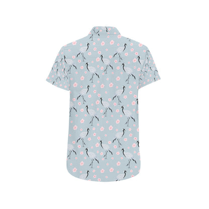 Sakura Bird Print Design LKS304 Men Short Sleeve Button Up Shirt