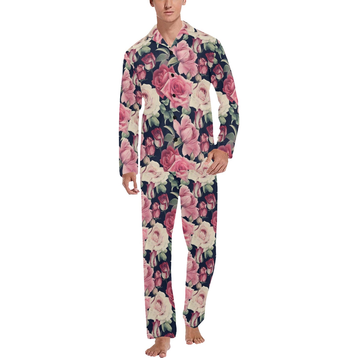 Rose Pattern Print Design RO05 Men's Long Pajama Set