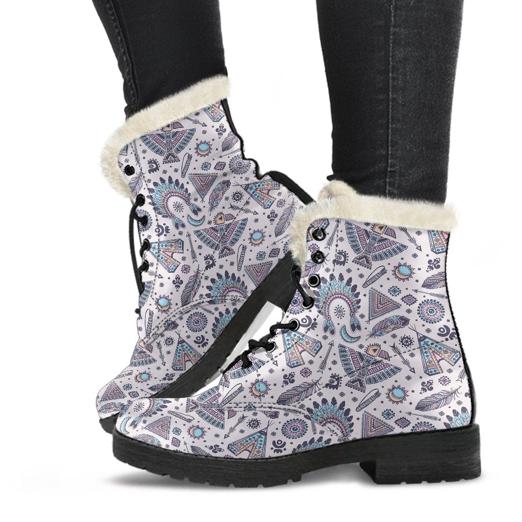 Eagles Native American Indian Symbol Faux Fur Leather Boots-JTAMIGO.COM