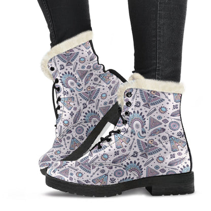 Eagles Native American Indian Symbol Faux Fur Leather Boots-JTAMIGO.COM