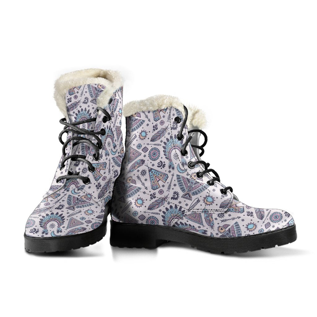 Eagles Native American Indian Symbol Faux Fur Leather Boots-JTAMIGO.COM