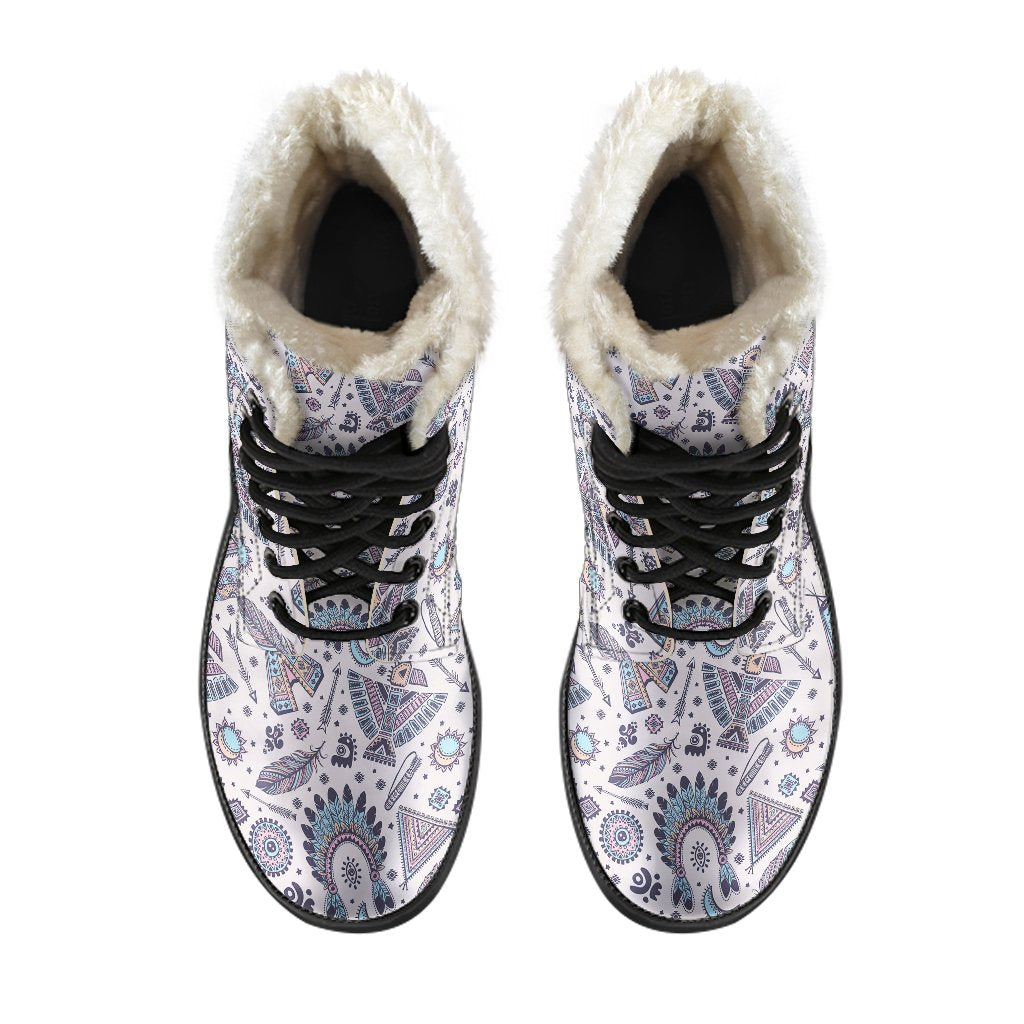 Eagles Native American Indian Symbol Faux Fur Leather Boots-JTAMIGO.COM