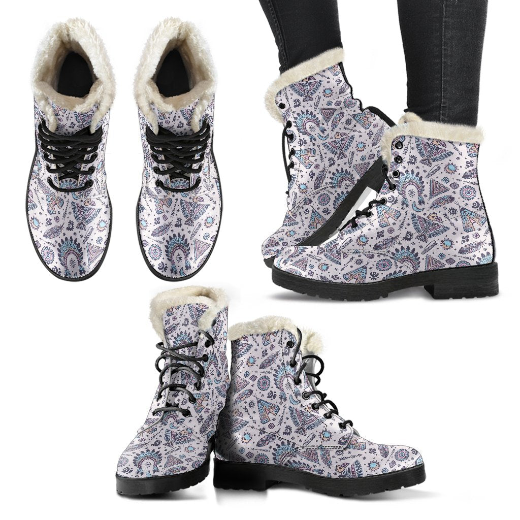 Eagles Native American Indian Symbol Faux Fur Leather Boots-JTAMIGO.COM